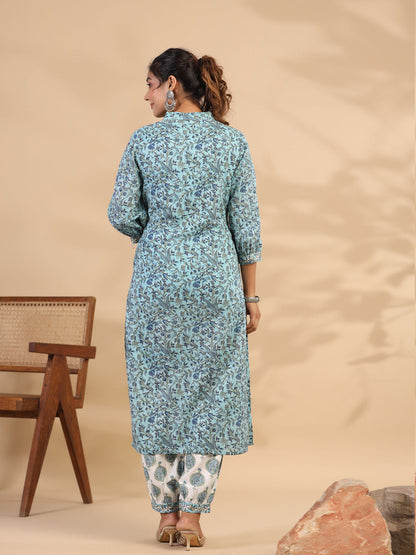 Straight Style Cotton Fabric Blue Color Kurti With Bottom