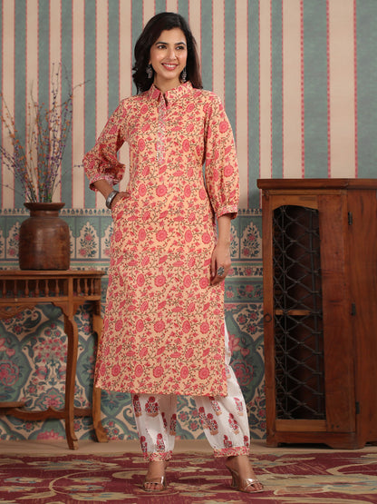 Straight Style Cotton Fabric Peach Color Kurti With Bottom