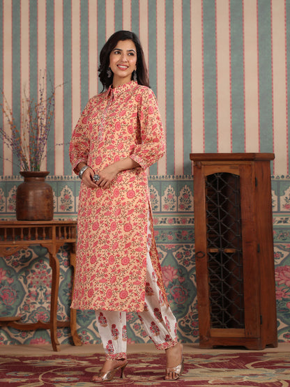 Straight Style Cotton Fabric Peach Color Kurti With Bottom