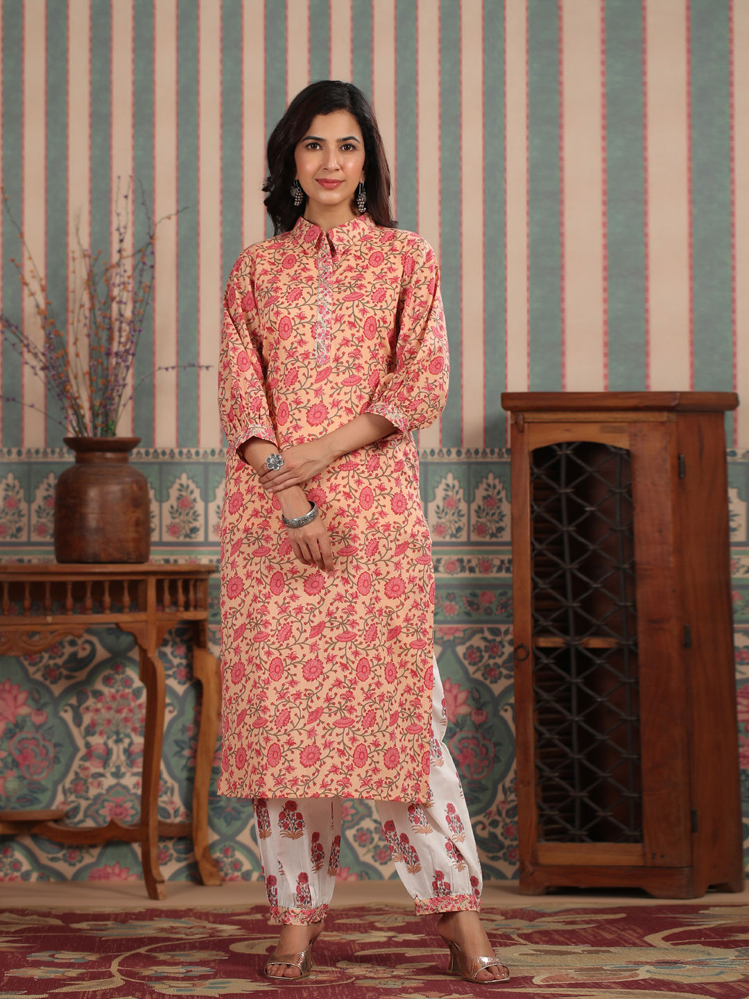 Straight Style Cotton Fabric Peach Color Kurti With Bottom
