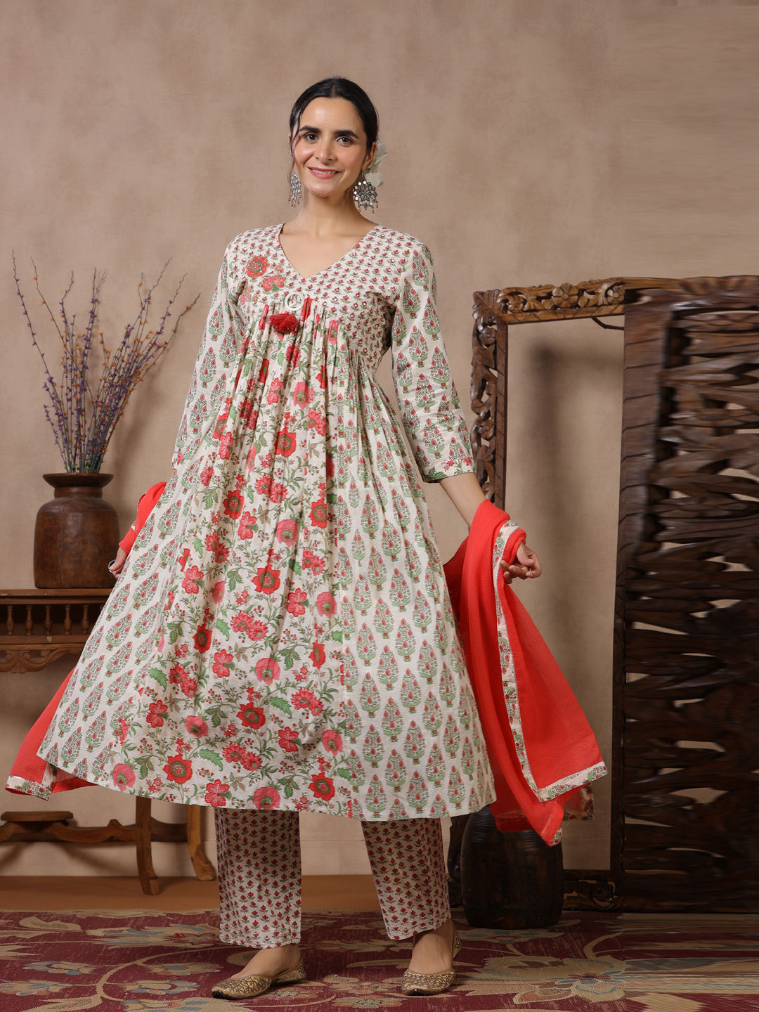 Anarkali Style Cotton Fabric Yellow Color Kurti With Bottom & Dupatta