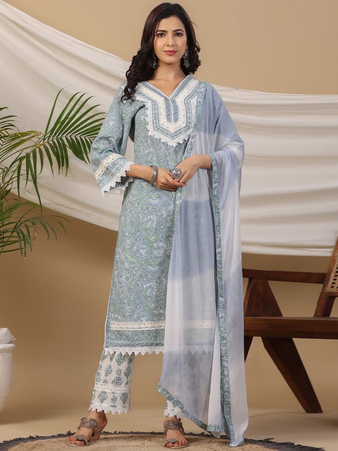 Straight Style Cotton Fabric Blue Colour Kurti And &Bottom & Dupatta