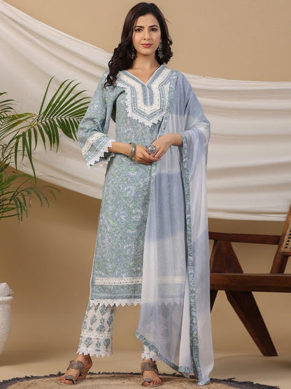 Straight Style Cotton Fabric Blue Colour Kurti And &Bottom & Dupatta