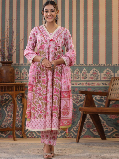 Anarkali Style Cotton Fabric Pink Colour Kurti And Bottom With dupatta