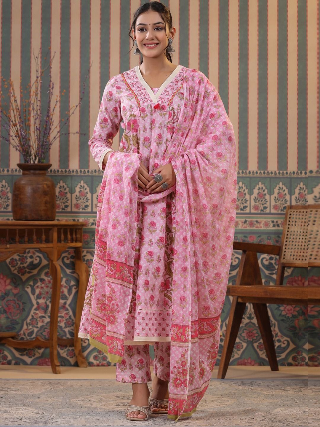 Anarkali Style Cotton Fabric Pink Colour Kurti And Bottom With dupatta