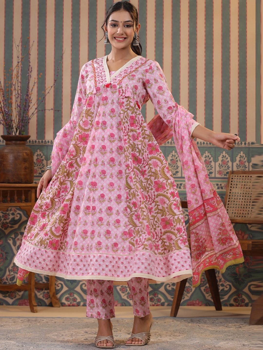 Anarkali Style Cotton Fabric Pink Colour Kurti And Bottom With dupatta