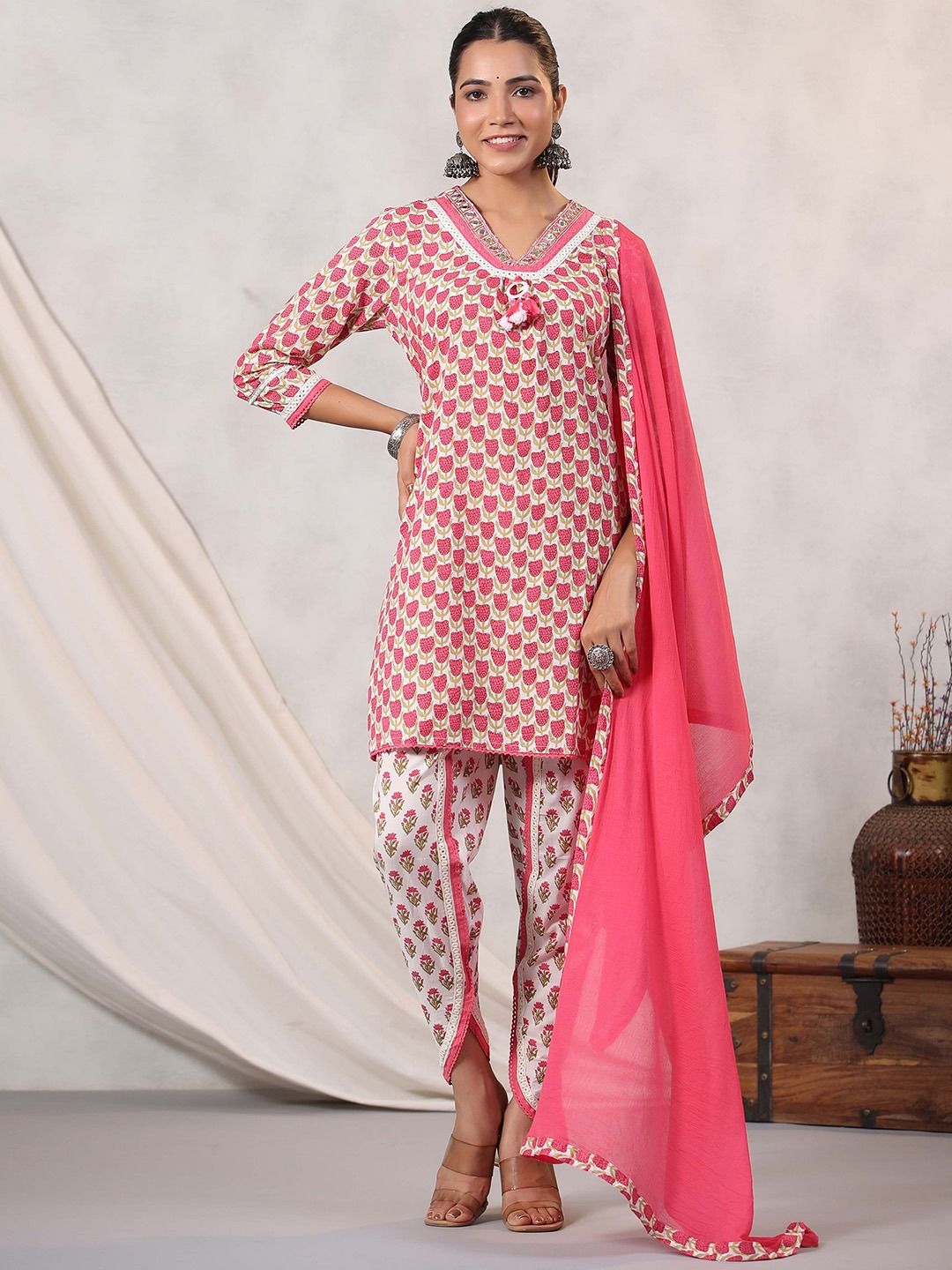 A Line Style Cotton Fabric Pink Color Kurti And Bottom With Dupatta
