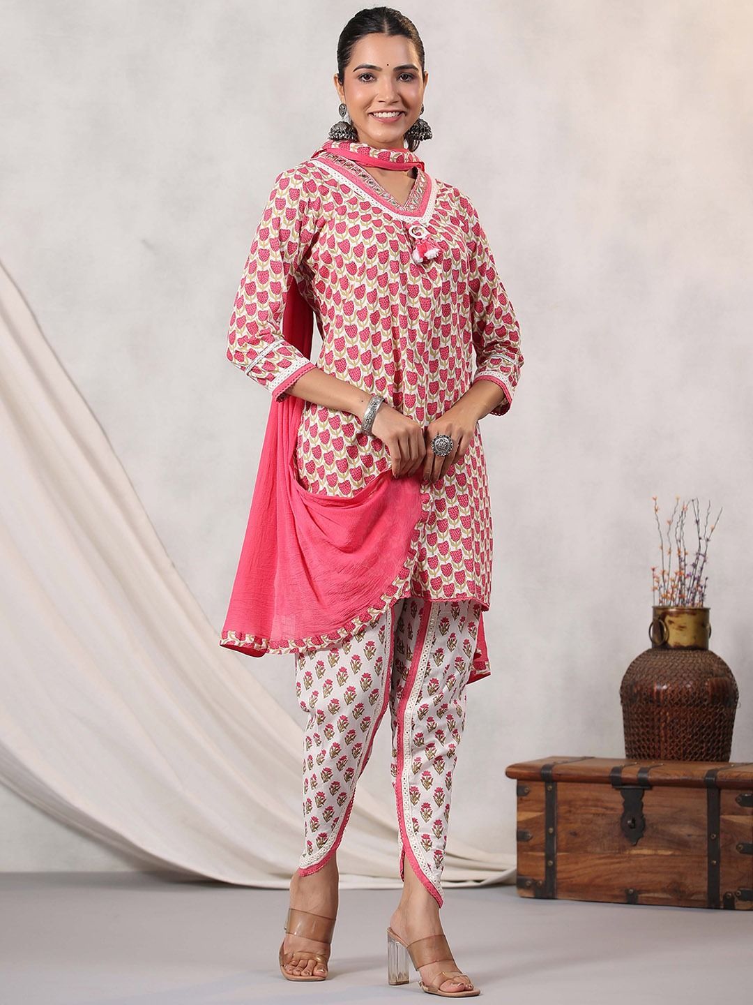 A Line Style Cotton Fabric Pink Color Kurti And Bottom With Dupatta
