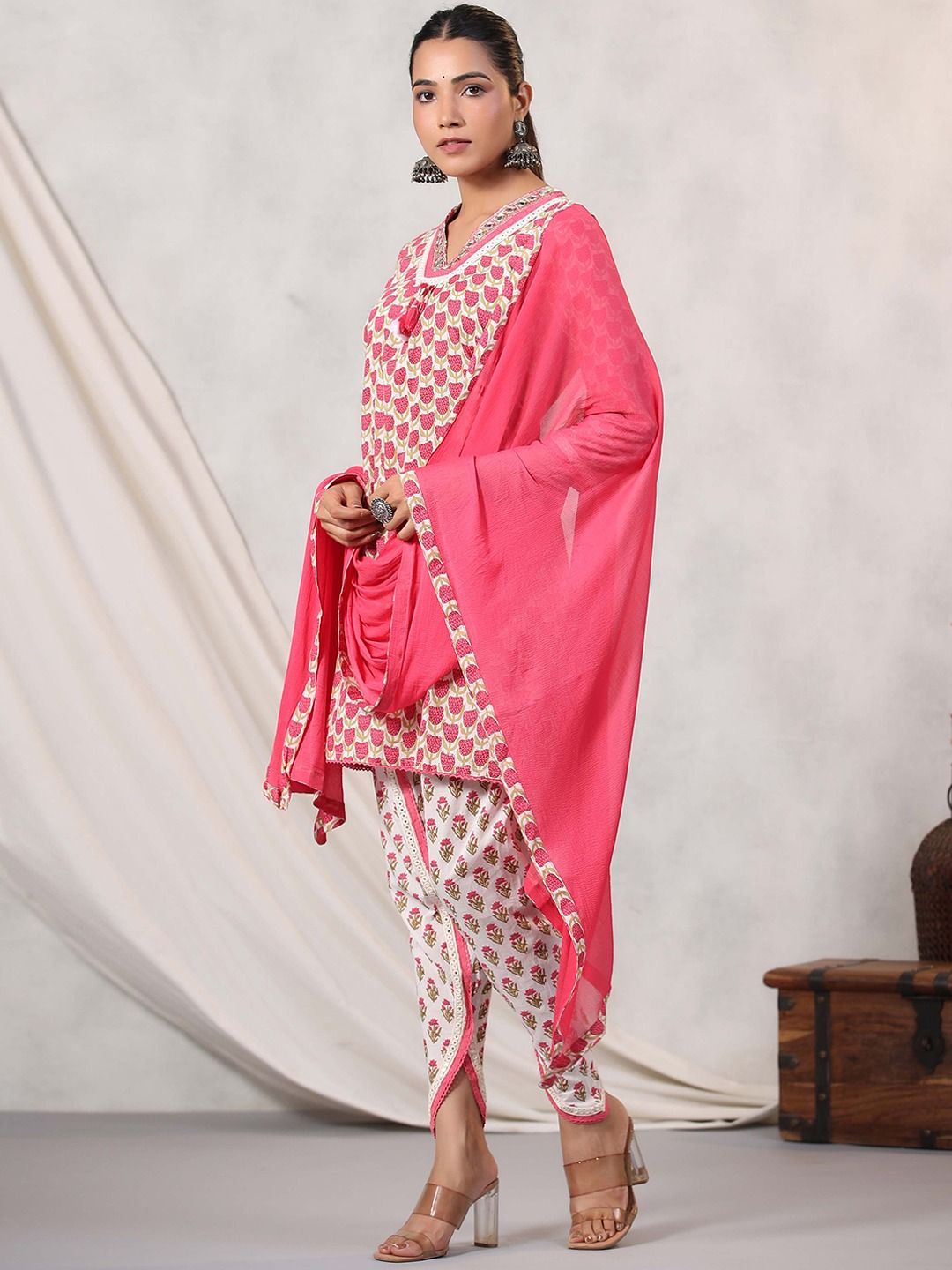 A Line Style Cotton Fabric Pink Color Kurti And Bottom With Dupatta
