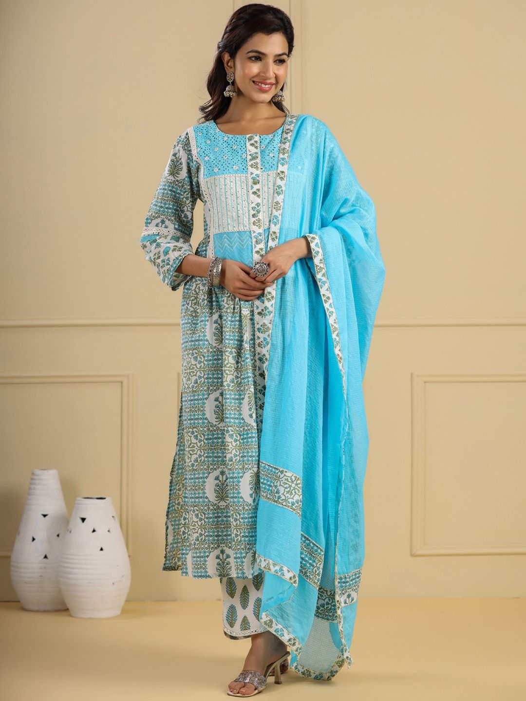 Flared Style Cotton Fabric Blue Color Kurti And Bottom With Dupatta