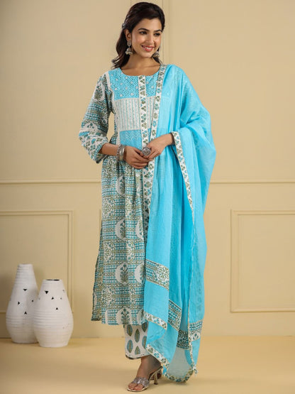 Flared Style Cotton Fabric Blue Color Kurti And Bottom With Dupatta