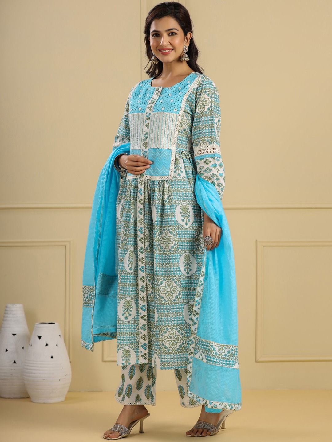 Flared Style Cotton Fabric Blue Color Kurti And Bottom With Dupatta