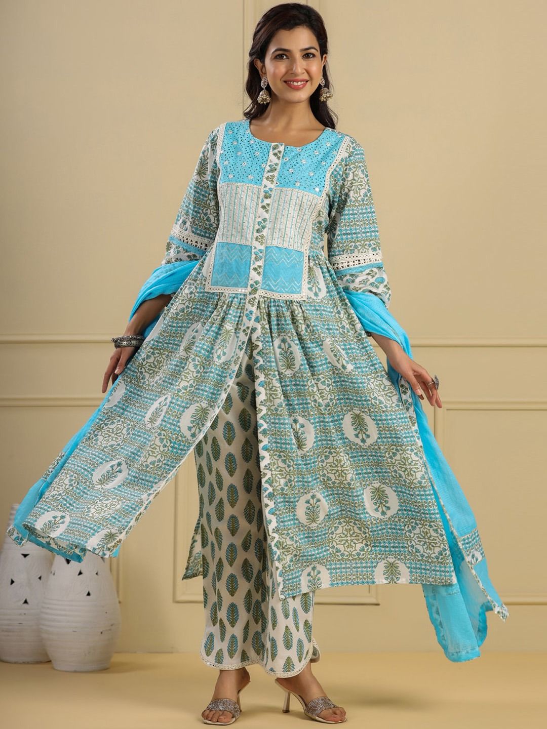 Flared Style Cotton Fabric Blue Color Kurti And Bottom With Dupatta