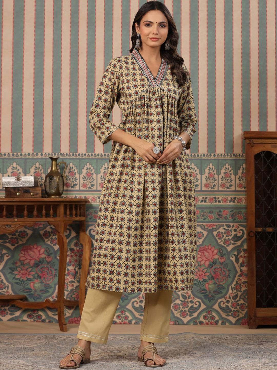 Anarkali Style Cotton Fabric Brown Colour Kurti And Bottom
