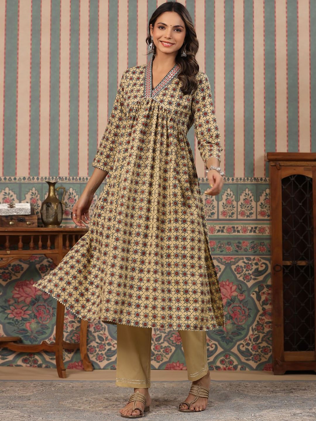 Anarkali Style Cotton Fabric Brown Colour Kurti And Bottom