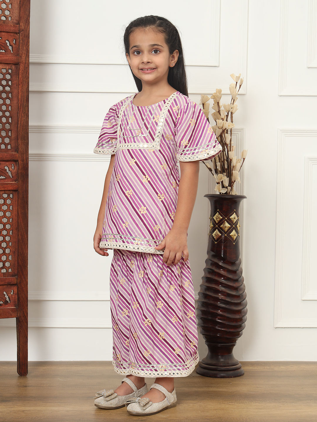 Straight Style Cotton Fabric Purple Color Kurti And Sharara