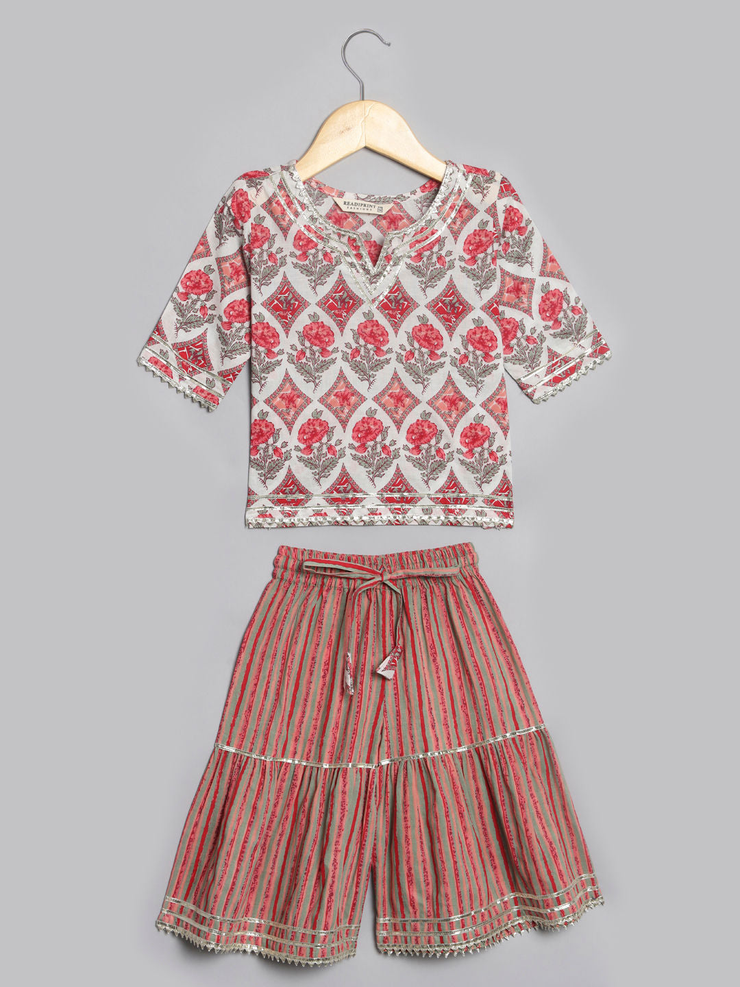 Straight Style Cotton Fabric Red Color Kurti And Sharara