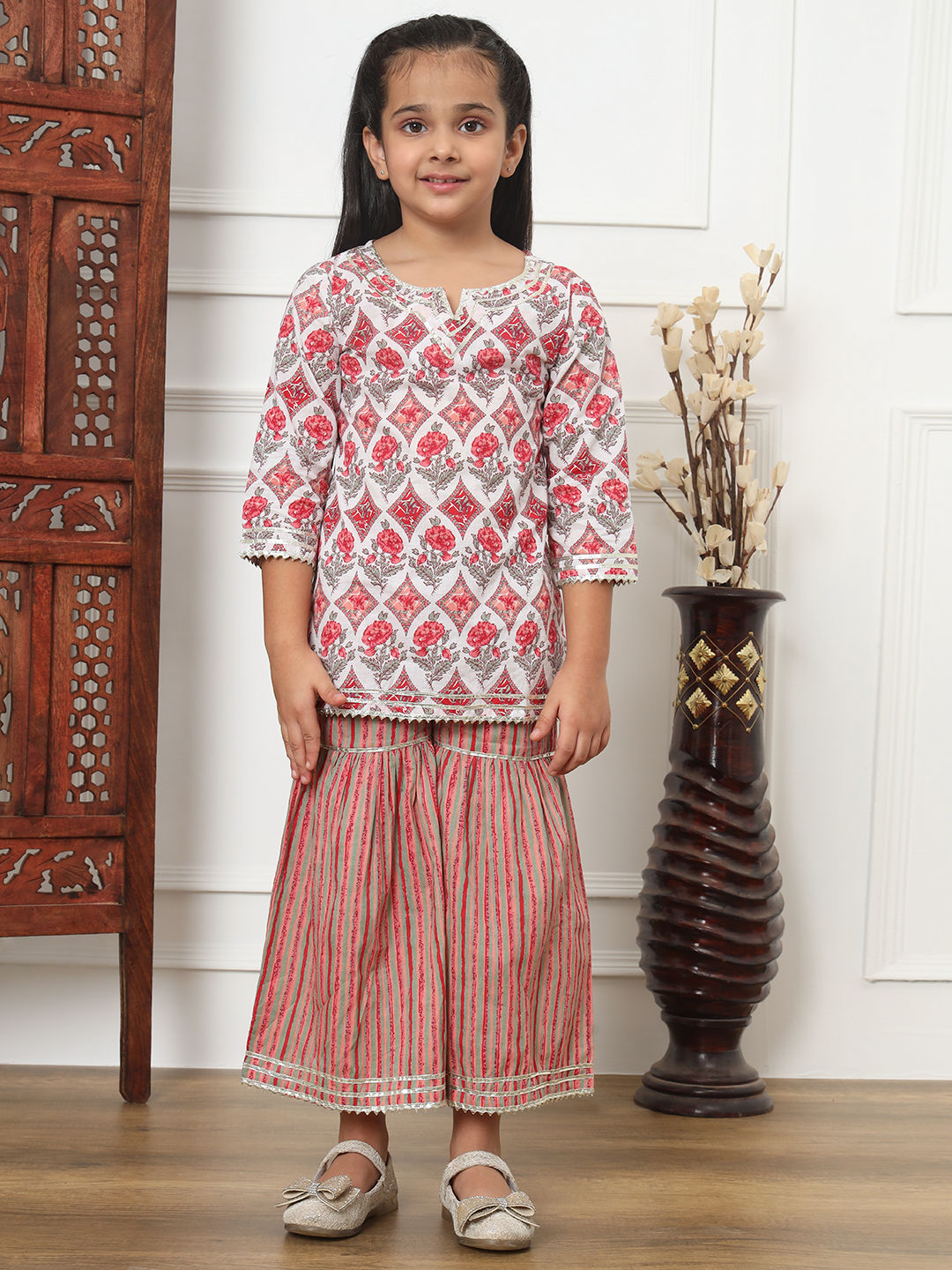 Straight Style Cotton Fabric Red Color Kurti And Sharara