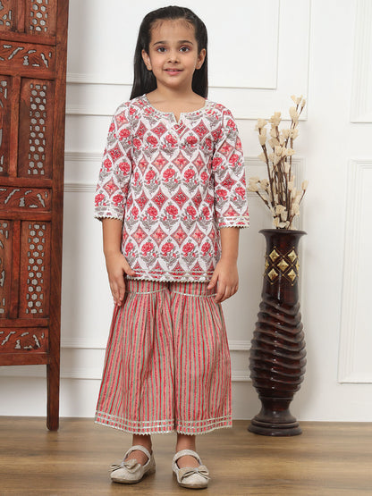 Straight Style Cotton Fabric Red Color Kurti And Sharara