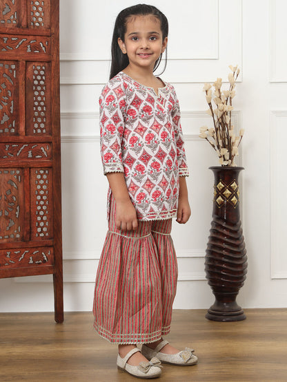 Straight Style Cotton Fabric Red Color Kurti And Sharara
