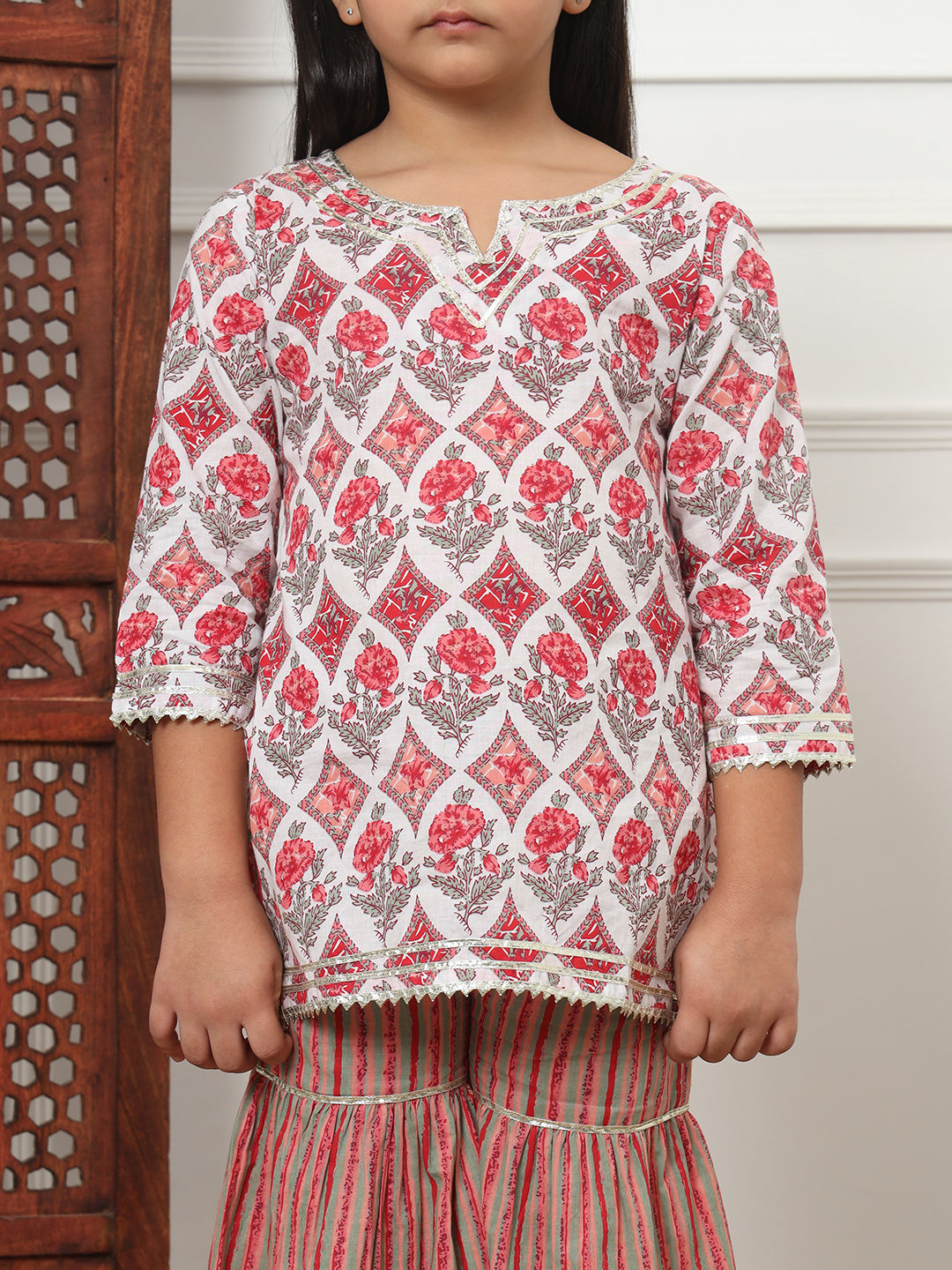 Straight Style Cotton Fabric Red Color Kurti And Sharara