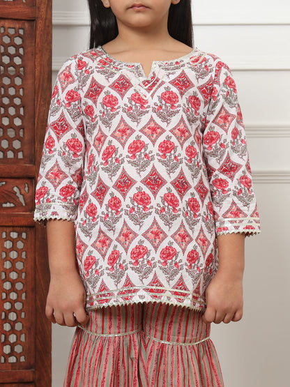 Straight Style Cotton Fabric Red Color Kurti And Sharara