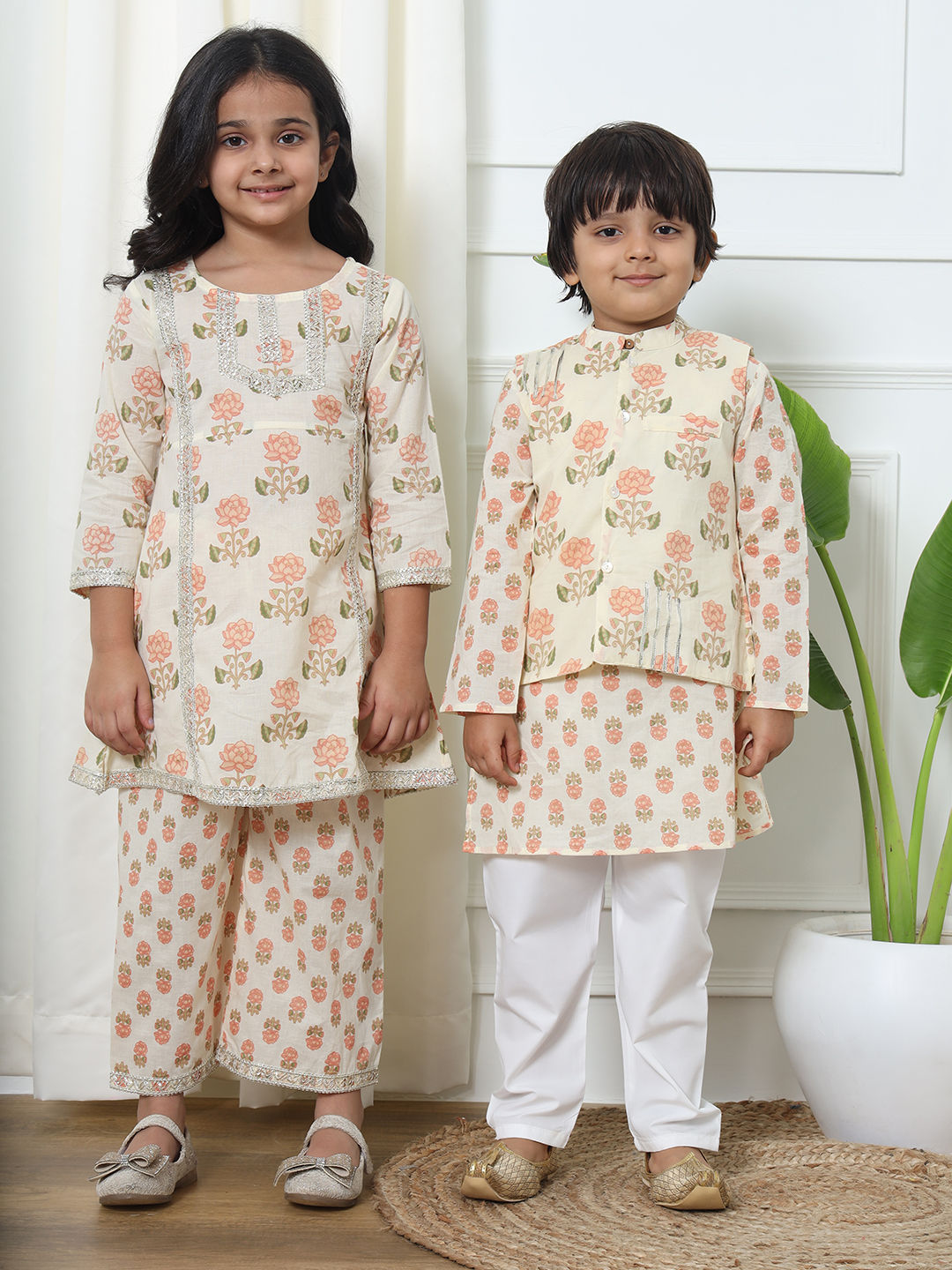 A Line Style Cotton Fabric Peach Color Kurti With Palazzo