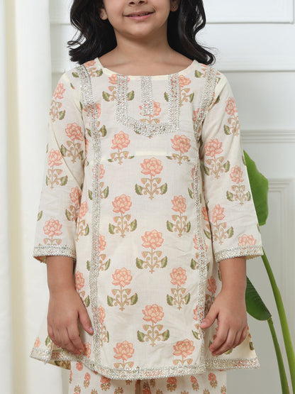 A Line Style Cotton Fabric Peach Color Kurti With Palazzo