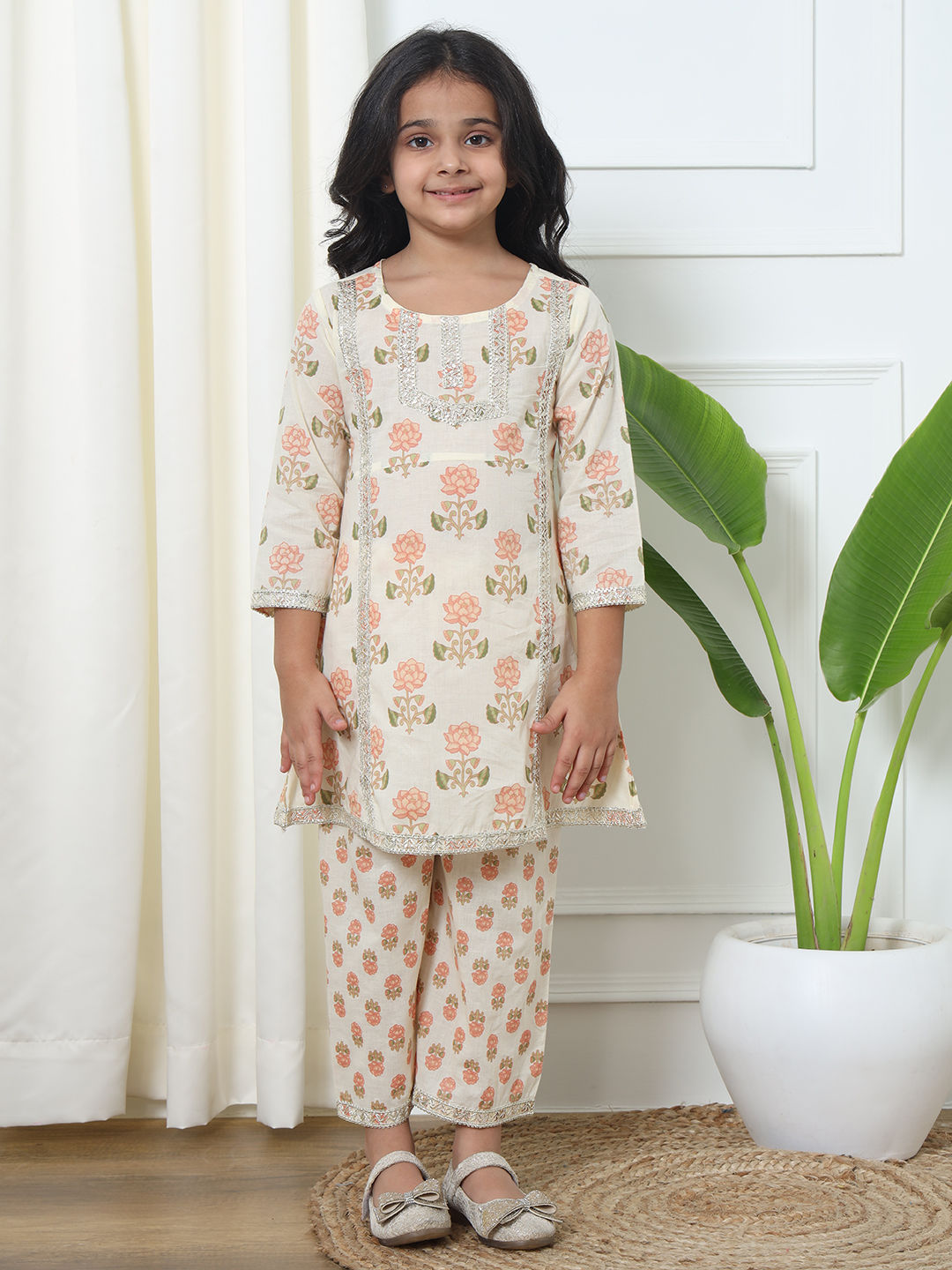 A Line Style Cotton Fabric Peach Color Kurti With Palazzo