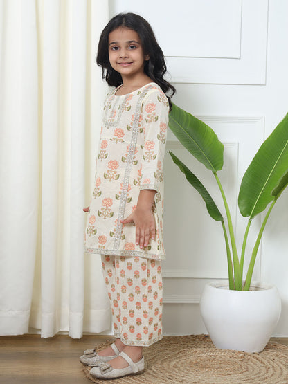 A Line Style Cotton Fabric Peach Color Kurti With Palazzo