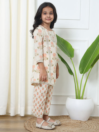 A Line Style Cotton Fabric Peach Color Kurti With Palazzo