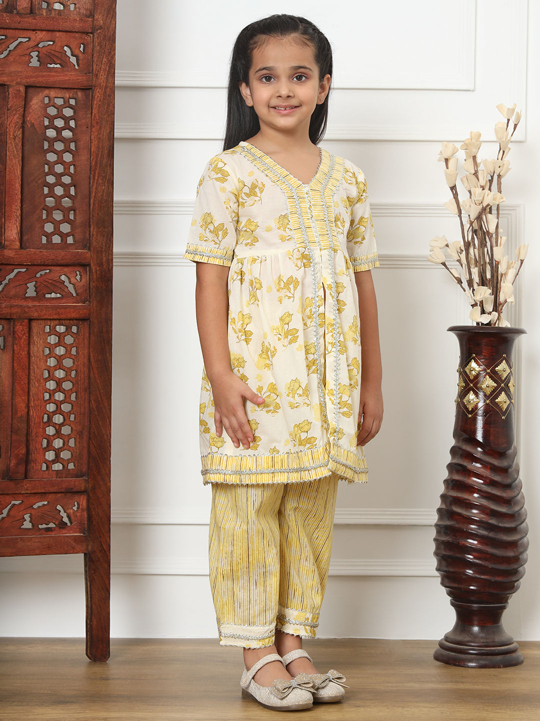 Frock Style Cotton Fabric Yellow Color Kurti And Palazzo