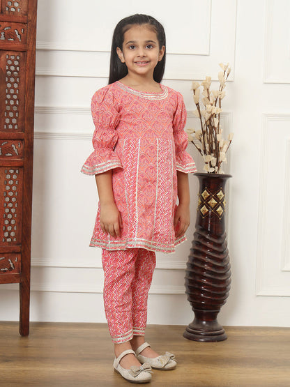 Anarkali Style Cotton Fabric Pink Color Kurti With Pyjama