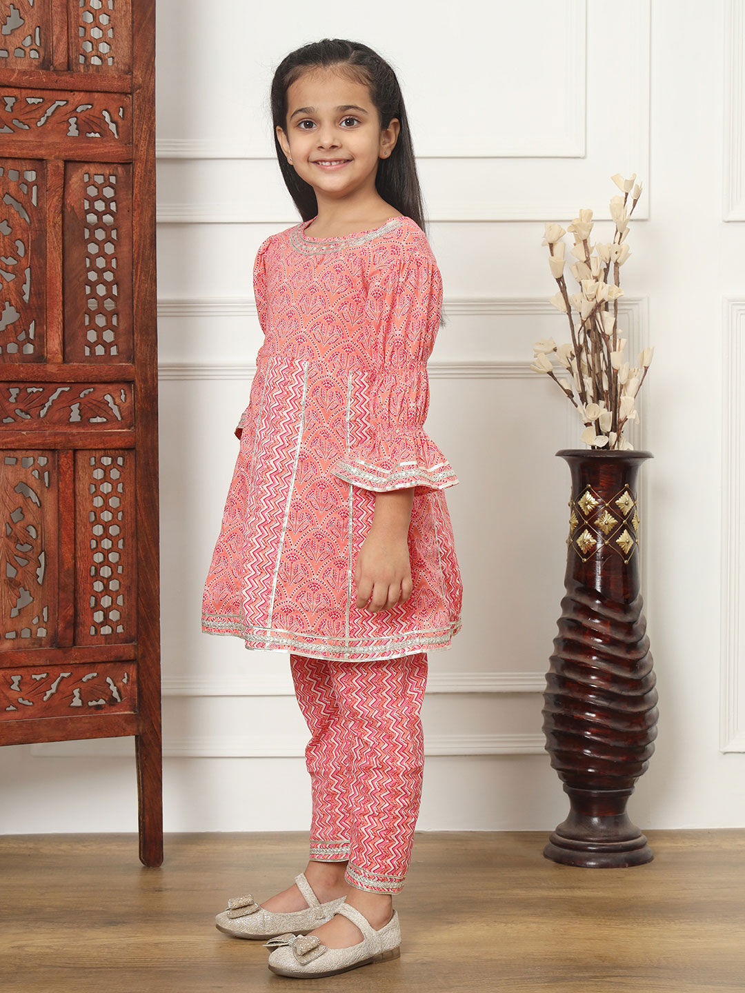 Anarkali Style Cotton Fabric Pink Color Kurti With Pyjama