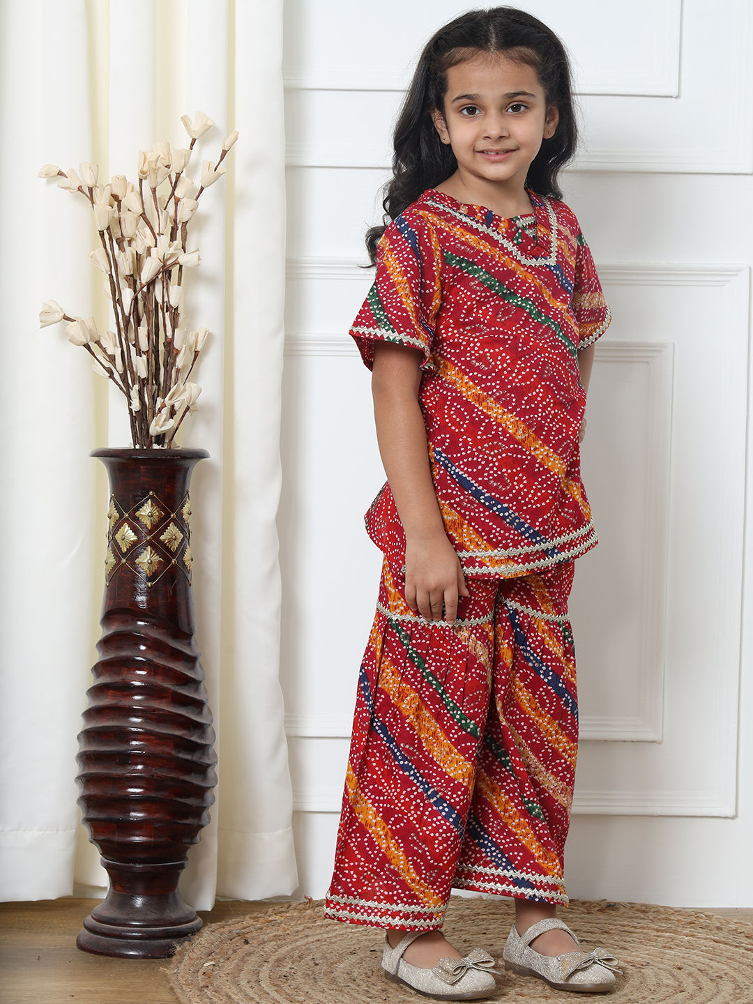 Straight Style Cotton Fabric Red Color Kurti And Sharara