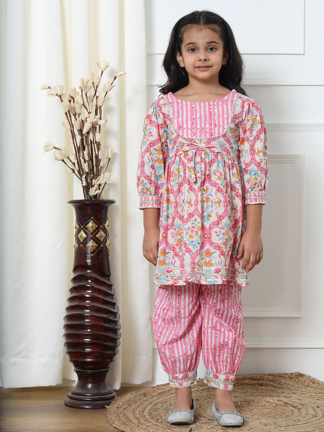 Frock Style Cotton Fabric Pink Color Kurti With Heram Pant