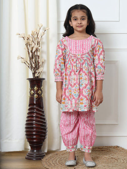 Frock Style Cotton Fabric Pink Color Kurti With Heram Pant