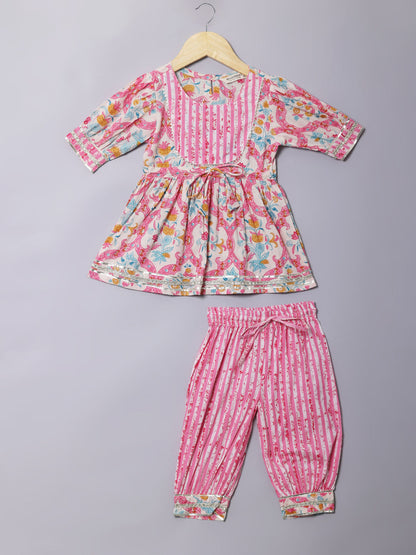 Frock Style Cotton Fabric Pink Color Kurti With Heram Pant