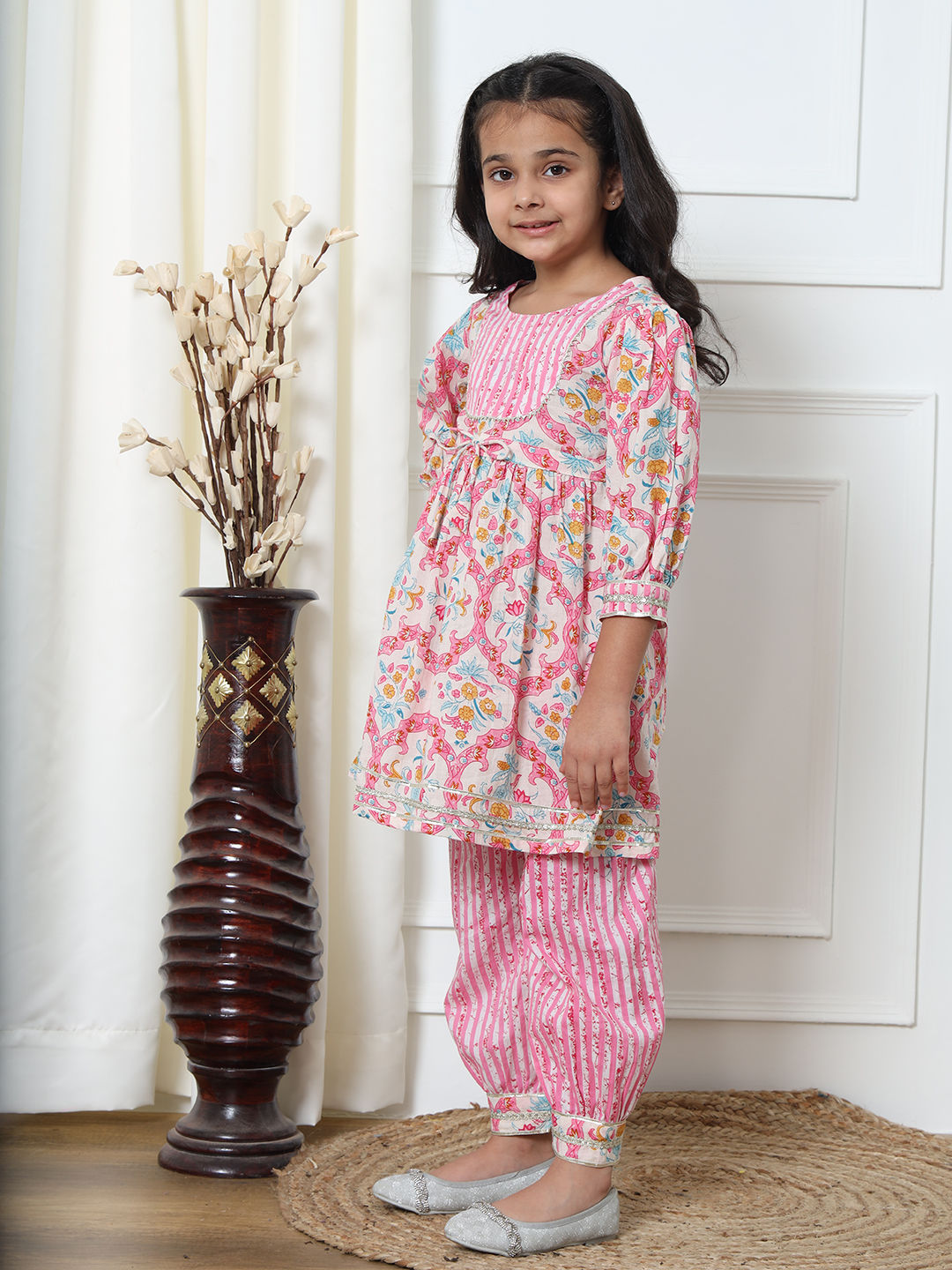 Frock Style Cotton Fabric Pink Color Kurti With Heram Pant