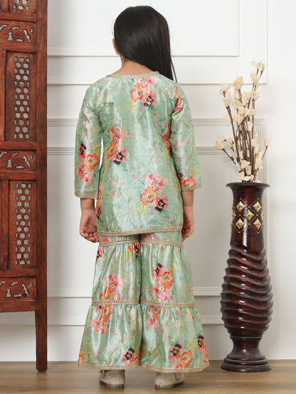 A Line Style Art Silk Fabric Sea Green Color Kurti With Sharara