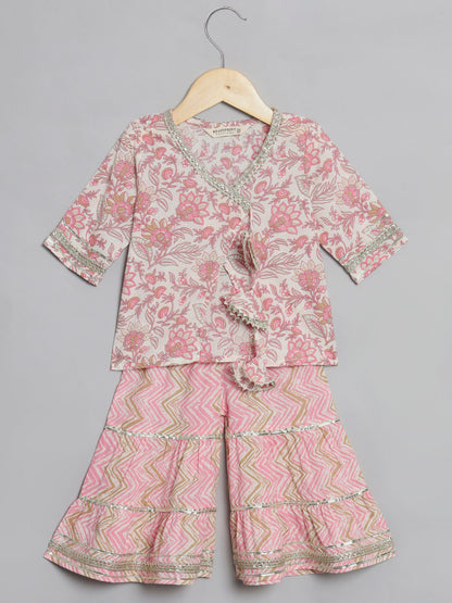 A Line Style Cotton Fabric Pink Color Kurti With Sharara