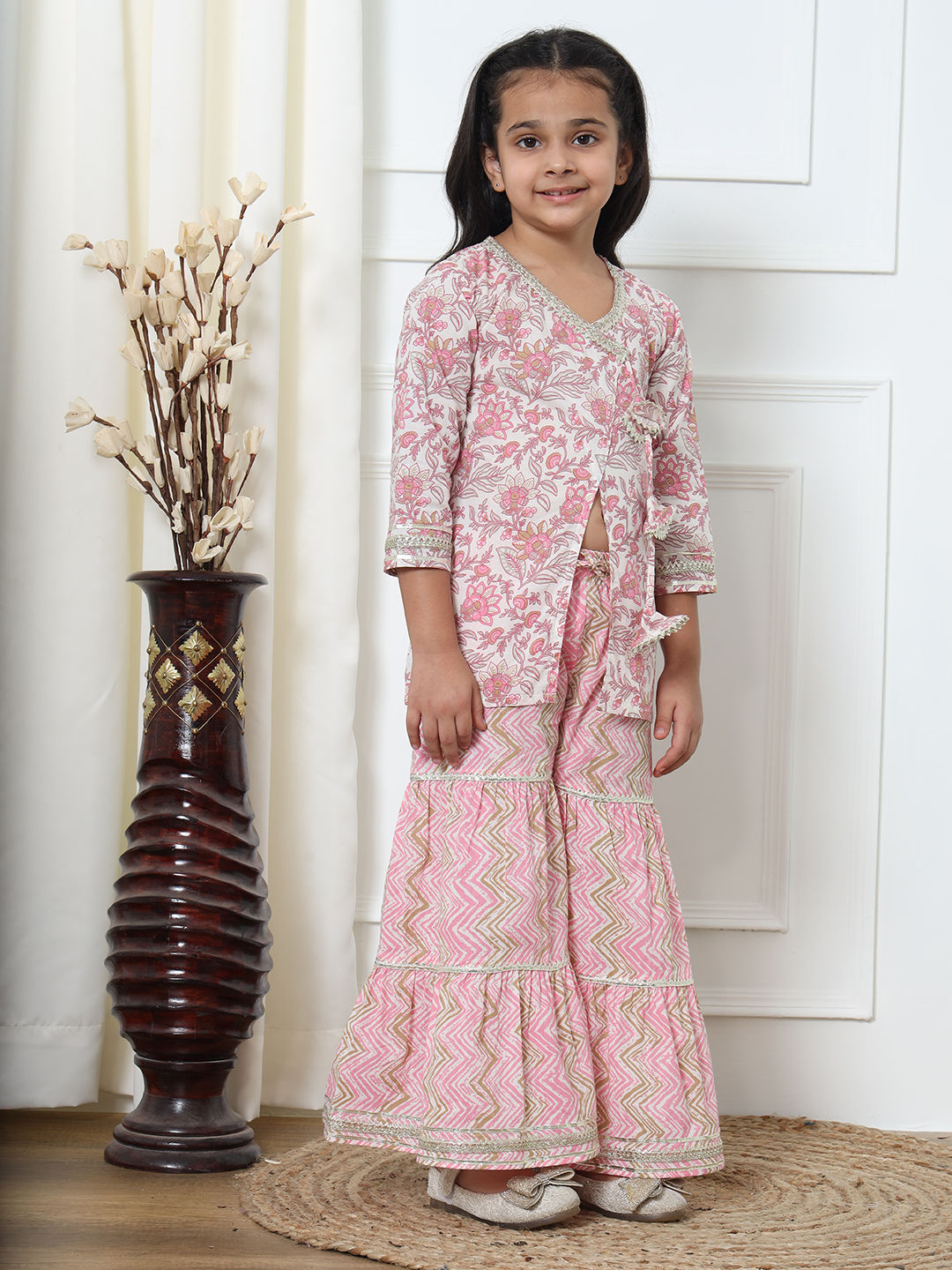 A Line Style Cotton Fabric Pink Color Kurti With Sharara