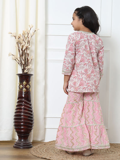 A Line Style Cotton Fabric Pink Color Kurti With Sharara
