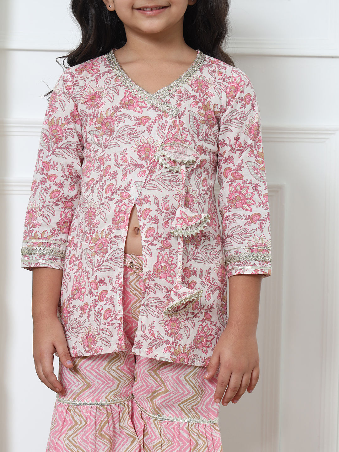 A Line Style Cotton Fabric Pink Color Kurti With Sharara
