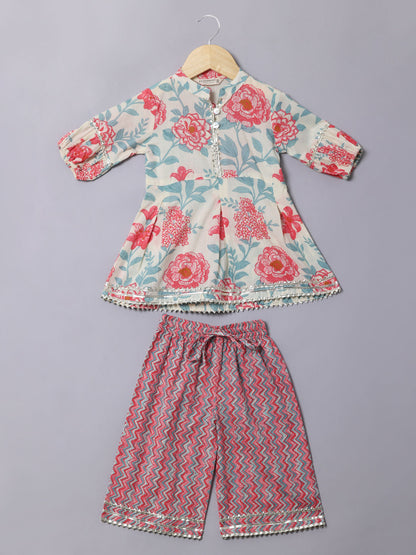 Frock Style Cotton Fabric Pink Color Kurti With Palazzo