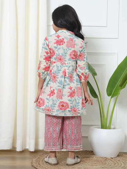 Frock Style Cotton Fabric Pink Color Kurti With Palazzo