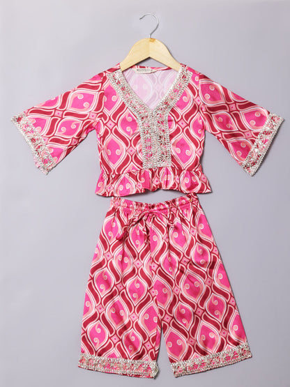 Straight Style Satin Fabric Pink Color Top With Palazzo