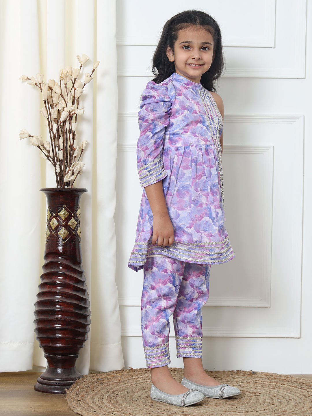 Frock Style Chinnon Fabric Blue Color Kurti With Pyjama