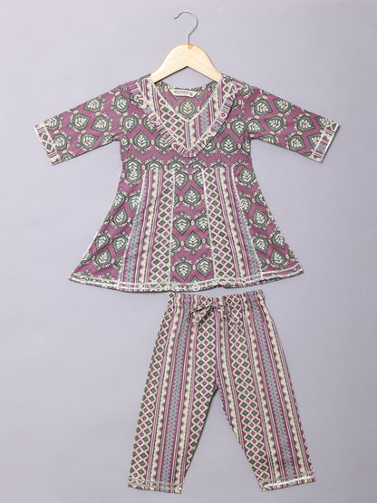 Frock Style Cotton Fabric Purple Color Kurti And Palazzo