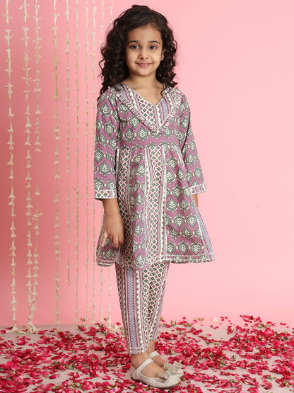 Frock Style Cotton Fabric Purple Color Kurti And Palazzo